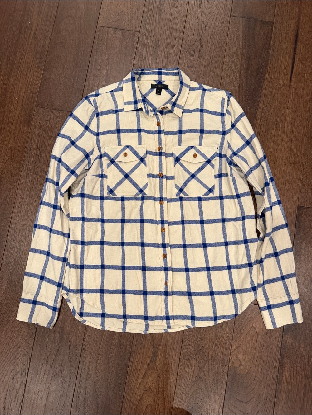 J. Crew Cream and Blue Large Windowpane Button-Down Shirt Size 10 - C1-612